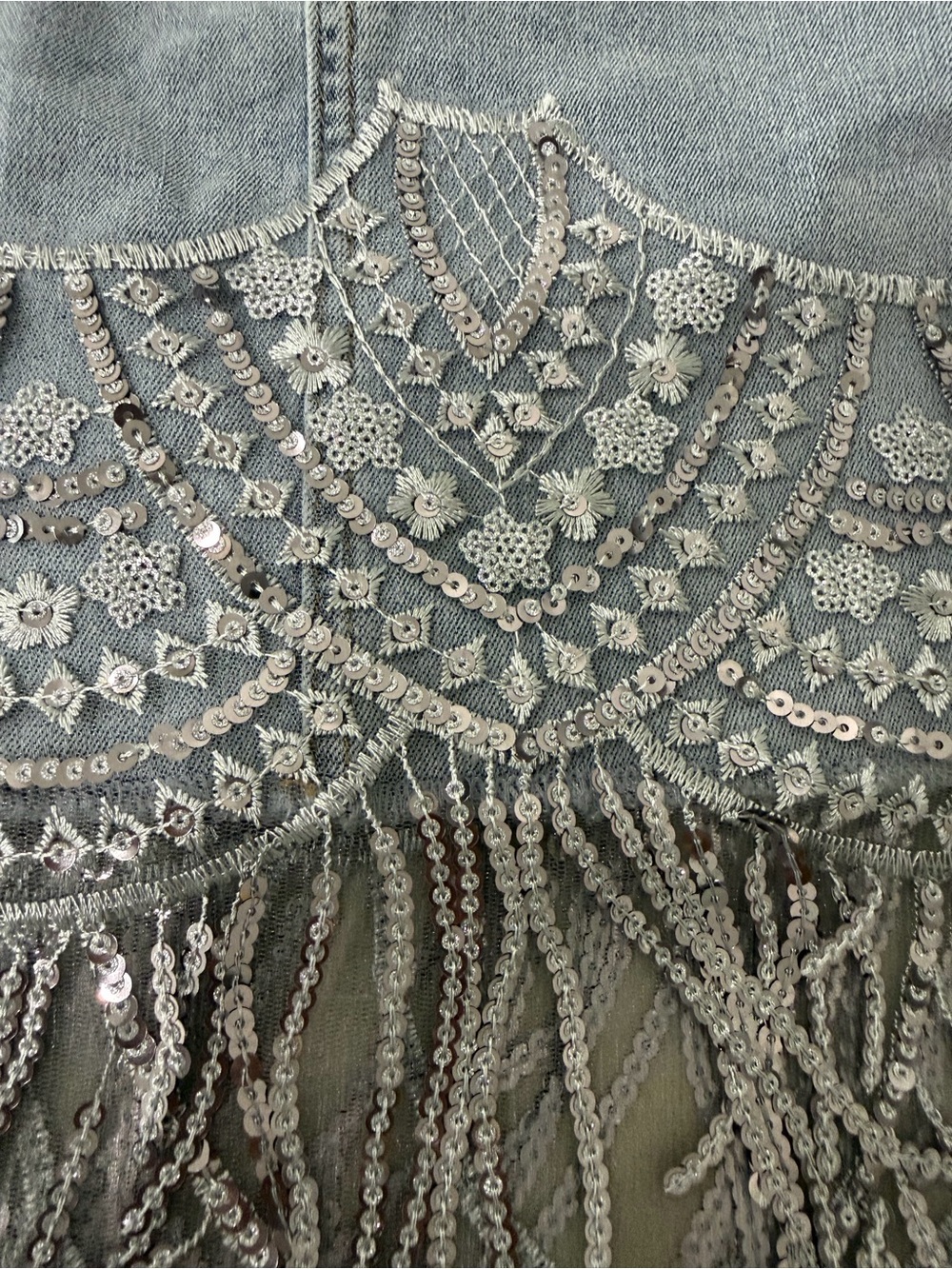 Beaded Fringe Light Blue Denim Jean Mini Skirt - Picture 4 of 4